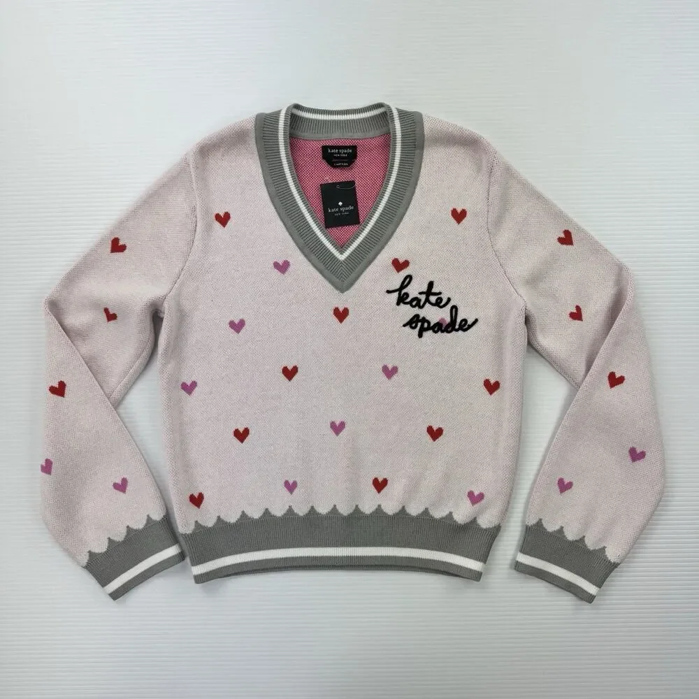 Kate Spade New York Sweater Womens Small Pink Heart V Neck Cotton NWT